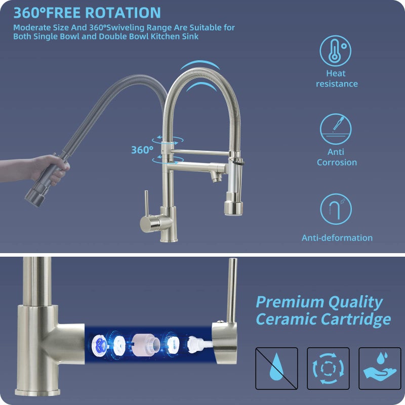 Fapully Pull Down Kitchen Faucet with Lock Sprayer,Single Handle Spring Stainless Steel Kitchen Sink Faucet Brushed Nickel - Image 5